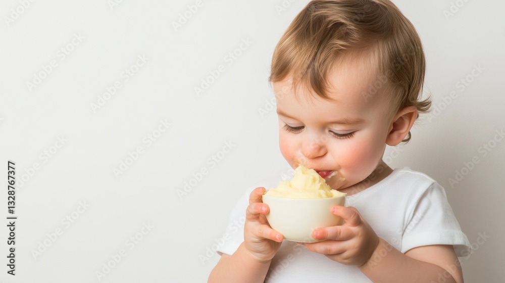 Small child happily eating from a cup of food with colorful contents in a bright kitchen setting Small child happily eating from a cup of food with colorful contents in a bright kitchen setting