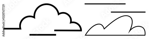 Two outlined cloud shapes with horizontal lines portraying motion and tranquility. Ideal for weather, environment, nature, simplicity, minimalism, design concepts, and calm atmosphere. Flat simple