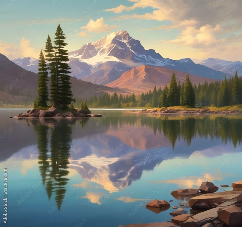 Naklejka premium Illustration of lake landscape with mountain and water reflection.