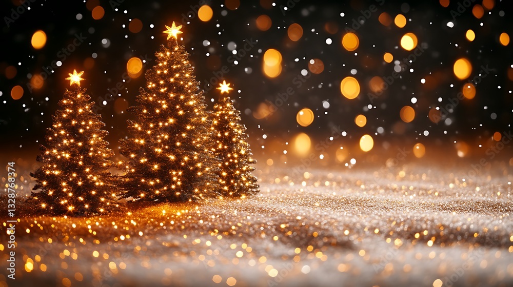 Naklejka premium Three lit Christmas trees with stars and glittering snow effect