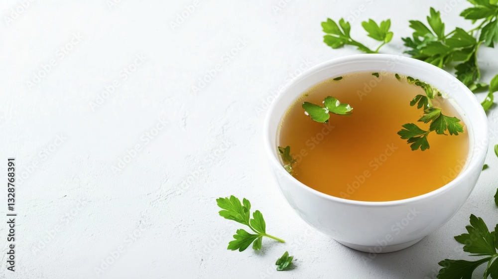 White bowl filled with green tea next to fresh parsley leaves on a wooden table White bowl filled with green tea next to fresh parsley leaves on a wooden table