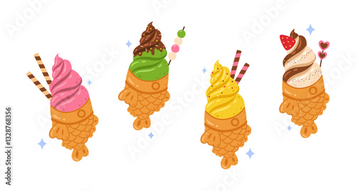 Flat design taiyaki ice cream set illustration