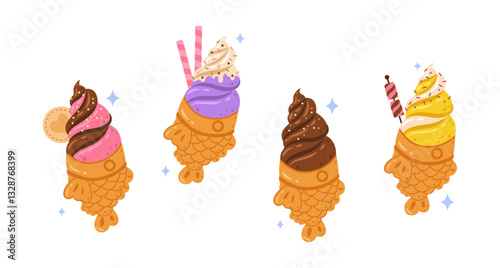 Flat design taiyaki ice cream set illustration