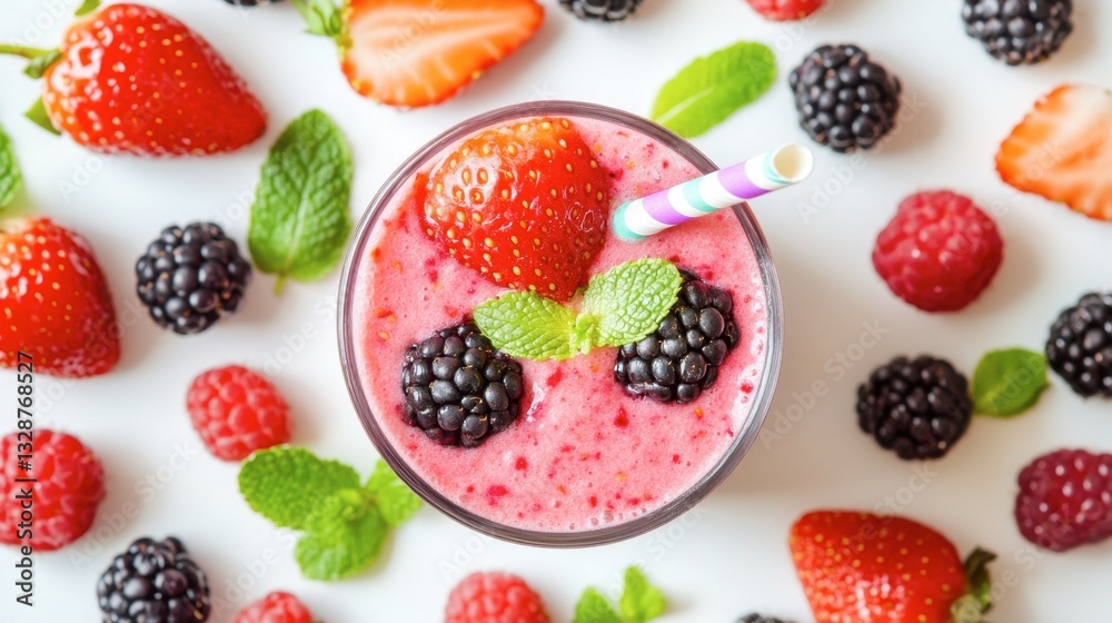 Glass of mixed fruit smoothie with a straw on a wooden table in natural light Glass of mixed fruit smoothie with a straw on a wooden table in natural light