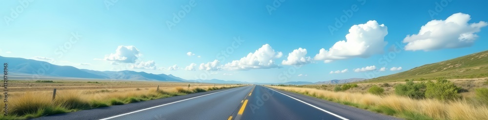 Asphalt road lane under clear blue sky with white fluffy clouds, sunny, clouds, road Asphalt road lane under clear blue sky with white fluffy clouds, sunny, clouds, road