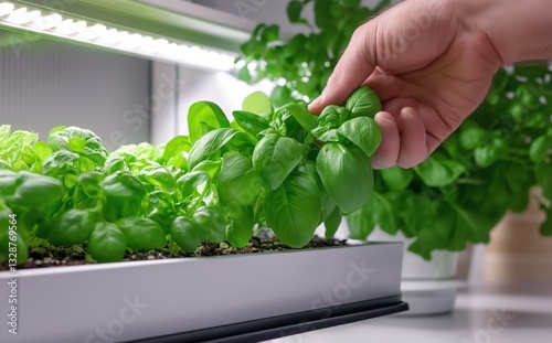 A hand gently harvests fresh basil leaves from a hydroponic garden filled with vibrant green plants under artificial lighting.