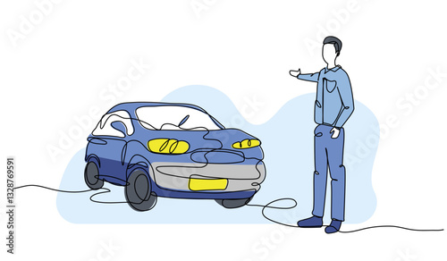 Vector illustration of  man next to a blue car. Modern flat in continuous line style.