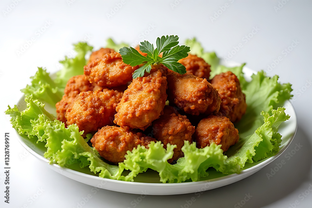 Fried chicken bites kitchen food photography white background close-up delicious snack Fried chicken bites kitchen food photography white background close-up delicious snack