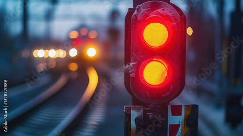 A bright red signal light stands prominently as a warning for an approaching train at dusk. Soft lights from the train can be seen in the background, creating a dramatic effect photo