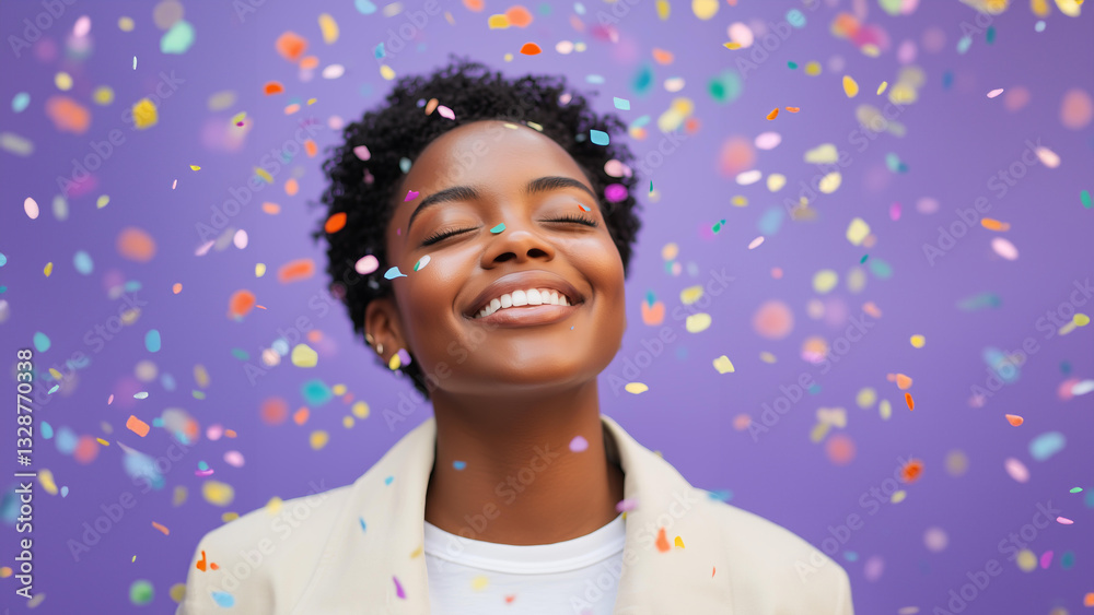 Close-up portrait of a joyful Black woman with short curly hair, radiant skin, and a bright smile, surrounded by colorful confetti, set against a warm pastel pink background Close-up portrait of a joyful Black woman with short curly hair, radiant skin, and a bright smile, surrounded by colorful confetti, set against a warm pastel pink background