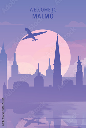 Welcome to Malmo, Sweden . Gradient city poster, card with shapes of skyline, waterfront and airplane. Scandinavia townscape travel vector illustration, print, graphic