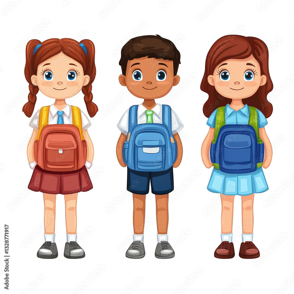 Three cartoon schoolchildren standing in a line with backpacks, isolated on a transparent background, ready for learning isolated on white or transparent png Three cartoon schoolchildren standing in a line with backpacks, isolated on a transparent background, ready for learning isolated on white or transparent png