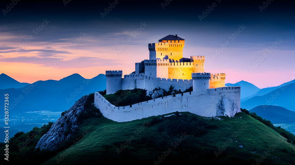 Obraz premium Illuminated hilltop castle at dusk, majestic silhouette against a vibrant sunset sky and mountain range