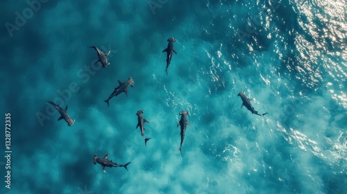 Aerial spectacle congregation of hammerhead sharks gracefully swimming in turquoise waters