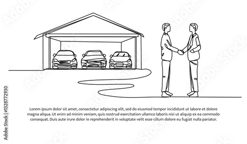 Continuous one line design of car dealership agreement. Minimalist style vector illustration on white background.