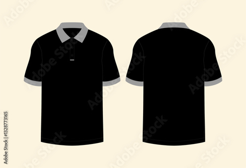 Polo Shirt technical fashion illustration. T-Shirt fashion flat technical drawing template, short sleeve, polo collar, buttons, relaxed fit, front and back view, white, women, men, unisex CAD mockup.