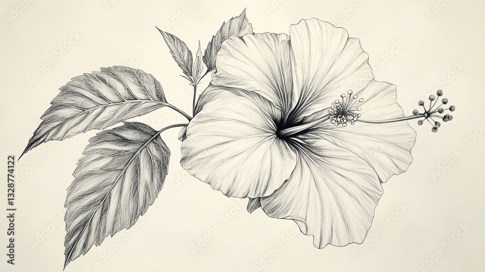 Old-style picture of a hibiscus flower. Detailed drawing of the bloom and leaf. Looks like a Hawaiian plant. Hand-drawn and on a white background.