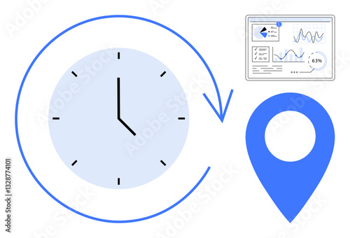 Clock with arrow, digital dashboard showcasing statistics, and location pin highlight tracking, scheduling, and monitoring efficiency. Ideal for workflow, productivity, analysis, navigation