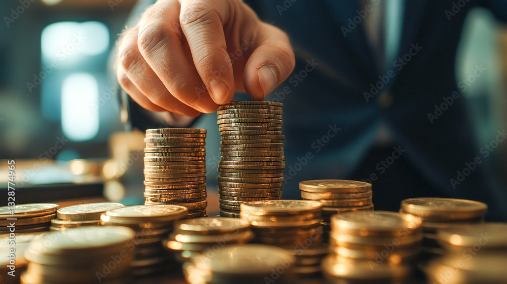 A businessperson counting stacks of coins, symbolizing wealth management and financial planning A businessperson counting stacks of coins, symbolizing wealth management and financial planning