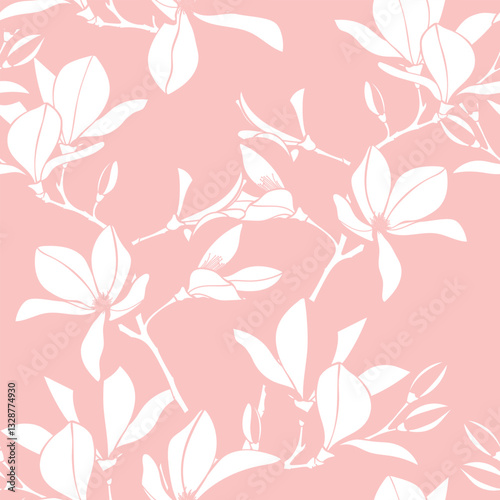 Tropical magnolia flowers branch. Beautiful pink line illustration. Seamless pattern.