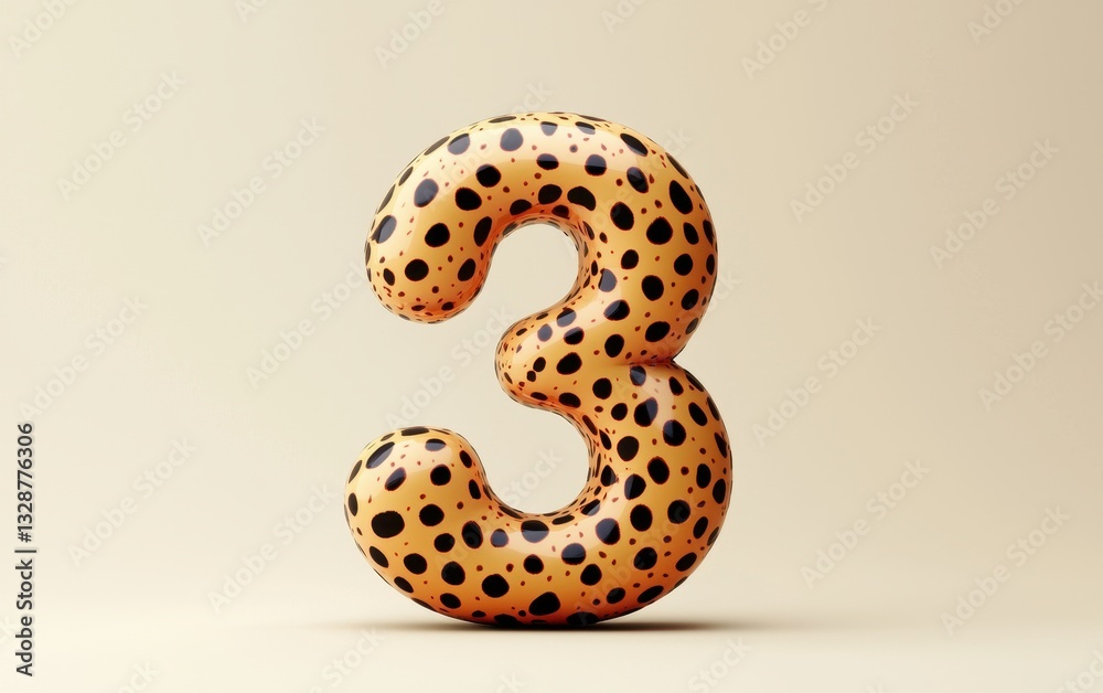 Number 3 with a spotted cheetah fur texture, set against a pastel cream background Number 3 with a spotted cheetah fur texture, set against a pastel cream background