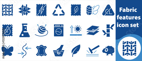 Fabric properties icon set, sign, heat, windproof, collection, art, stretch, web, linear, label, sport, feather, antibacterial, eco, UV, moisture, water, leather, comfortable and more