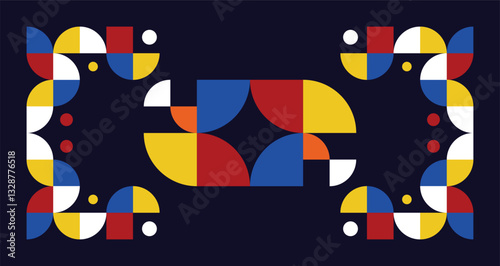 Colorful bauhaus style poster with geometric shapes on dark shade background