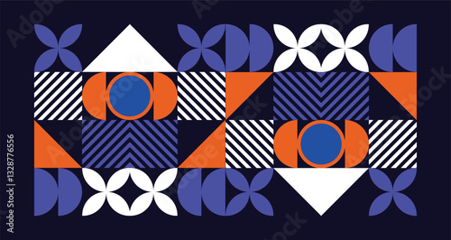 Colorful bauhaus style poster with geometric shapes on dark shade background