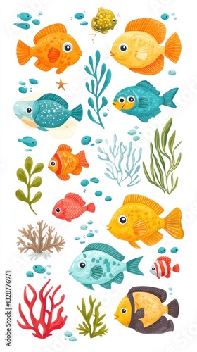 Colorful cartoon fish and sea plants illustration.