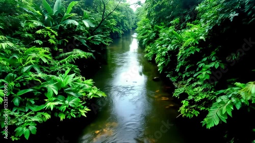 Dark Green Lush Jungle River in Tropical Forest