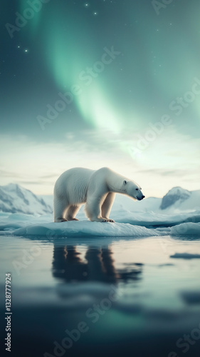 A majestic polar bear standing on an ice floe, its reflection shimmering in the still Arctic waters beneath the glowing aurora borealis.
