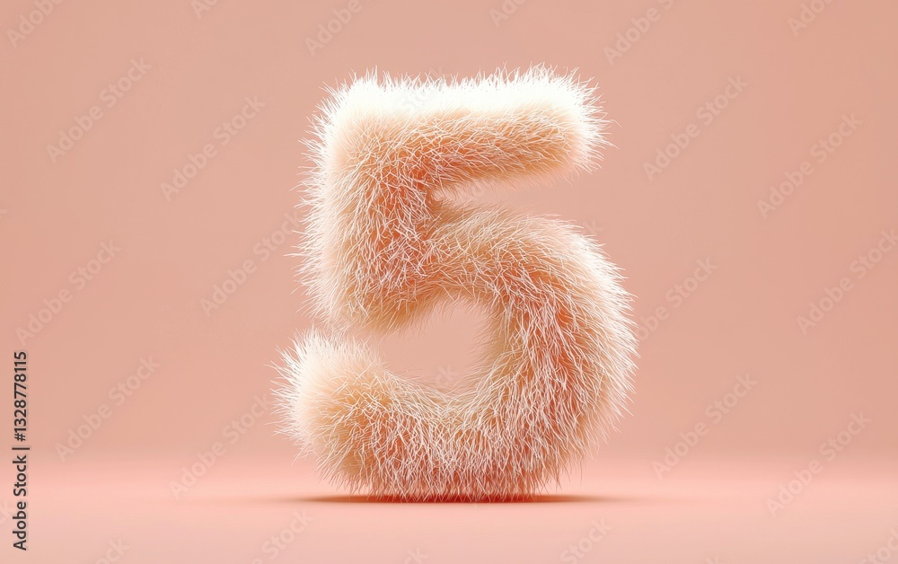 Fototapeta premium Number 5 covered in light fox fur, on a pastel peach background