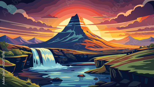 Dramatic view on Kirkjufellsfoss waterfall near Kirkjufell mountain at sunset