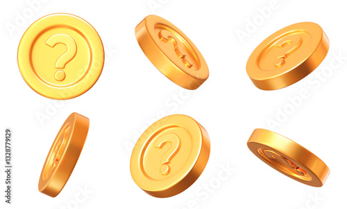 3d set golden question mark coins with different angles. Stock vector illustration on isolated background.