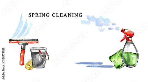 Spring cleaning. Watercolor composition with window cleaning items: green napkin, window cleaner and red squeegee, gray bucket and bar of soap. Hand drawn illustration with text