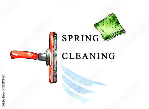 Spring cleaning. Watercolor composition with red window squeegee, green napkin and text on white background. Hand drawn illustration for your design