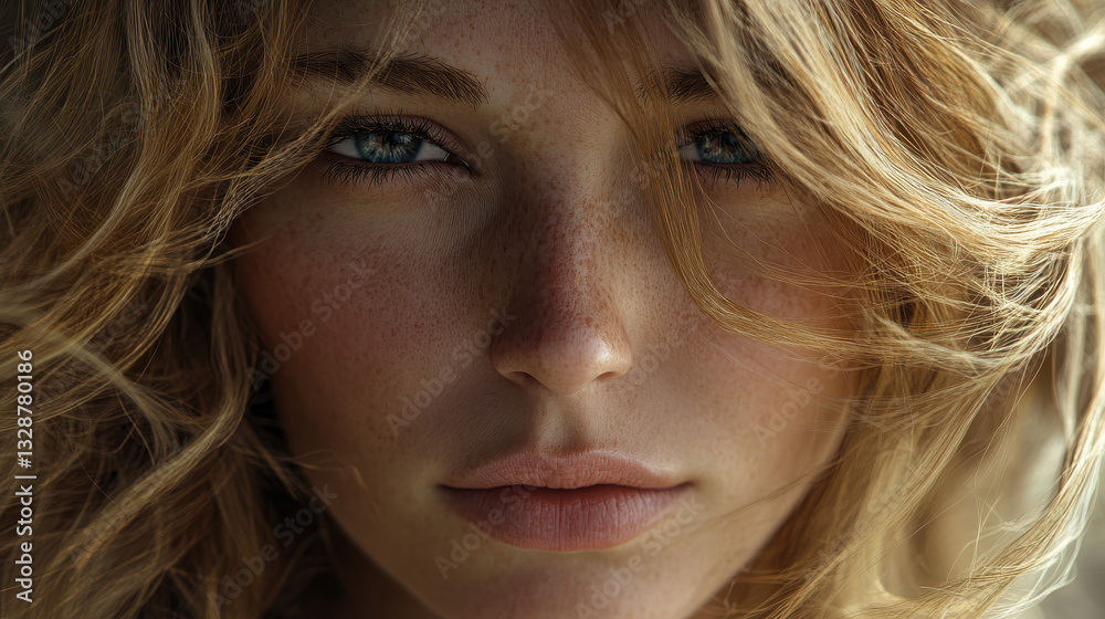 A young woman stands against a blurred background, her flowing hair gently tousled by the wind. Her piercing blue eyes convey emotion, complemented by freckles on her cheeks A young woman stands against a blurred background, her flowing hair gently tousled by the wind. Her piercing blue eyes convey emotion, complemented by freckles on her cheeks