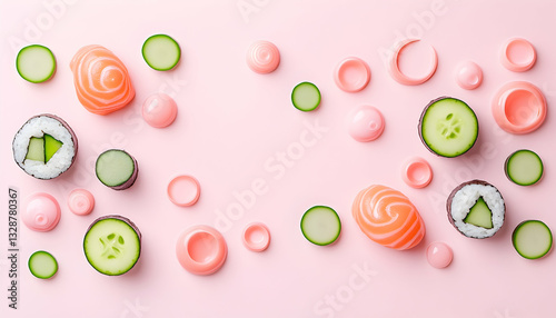 Flatlay of salmon sushi, cucumber, and pink accents on pink background