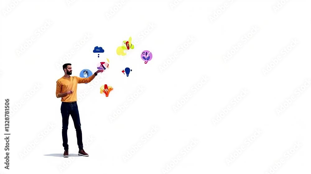 Man Juggling Colorful Pixel Art Shapes Against White Background Man Juggling Colorful Pixel Art Shapes Against White Background