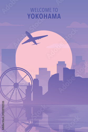 Welcome to Yokohama, Japan. Gradient poster, card with shapes of skyline, waterfront and airplane. Asia port city travel vector illustration, print, graphic
