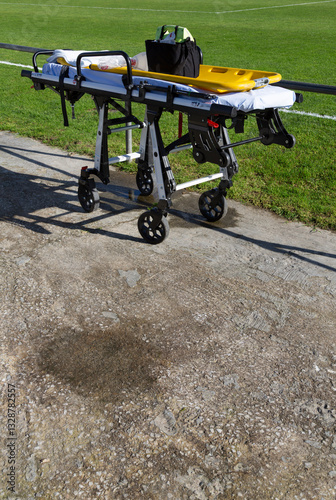 An ambulance stretcher for first aid prepared on a football field