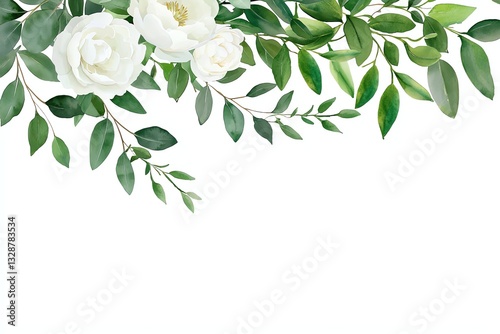 Watercolor White Roses and Greenery Border for Elegant Floral Design