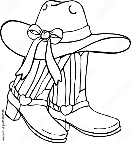 A cowboy hat with a ribbon and a pair of western boots decorated with heart-shaped buckles