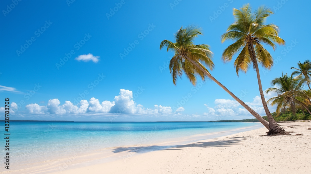 Idyllic Tropical Beach with Leaning Palm Trees and Azure Ocean Idyllic Tropical Beach with Leaning Palm Trees and Azure Ocean