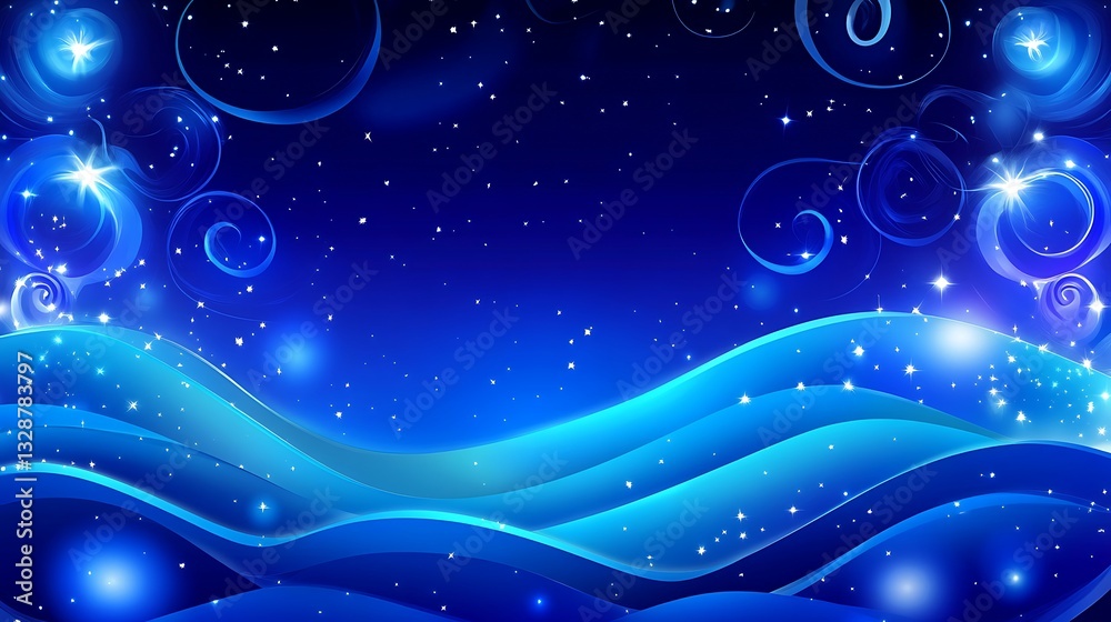 An abstract blue background features waves stars and swirls of light An abstract blue background features waves stars and swirls of light