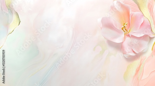 A delicate light pink flower decorates a pastel colored background space