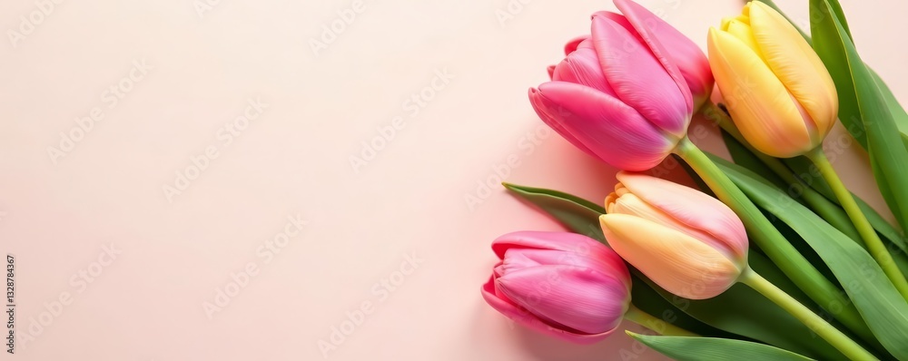 Pink and yellow tulips with green leaves on pastel paper, elegance, postcard, celebration Pink and yellow tulips with green leaves on pastel paper, elegance, postcard, celebration