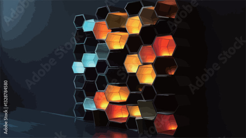 A digital rendering of a three-dimensional grid composed of numerous interconnected hexagons.  The hexagons exhibit a metallic appearance with varying internal illumination.  Colors range from deep
