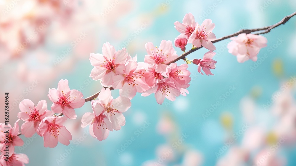 Obraz premium Soft spring background with cherry blossoms. Pink sakura flowers bloom on a pretty turquoise background.