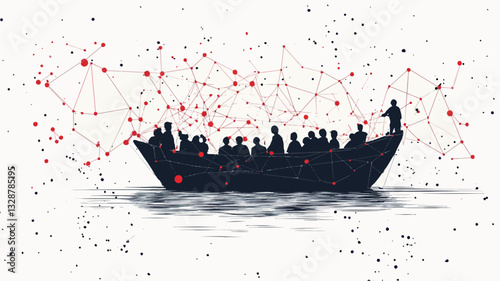 The image is a stylized illustration depicting a boat carrying numerous dark silhouettes of people on a body of water. The boat is presented in a minimalist, almost abstract manner.  Red lines and